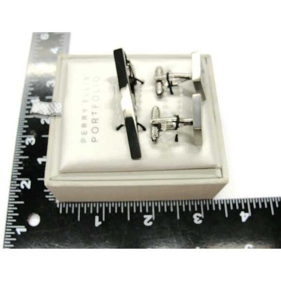 Perry Ellis Portfolio Cufflinks Set w Neck Tie Clip Silver Tone Wedding IOB - Picture 5 of 8